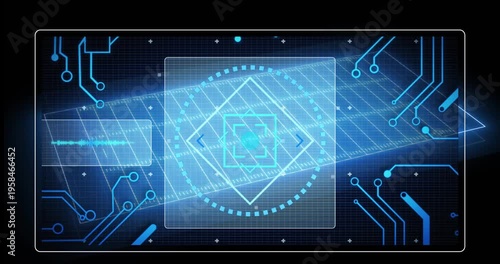 Animation of neon stadium over data processing and scope scanning on black background