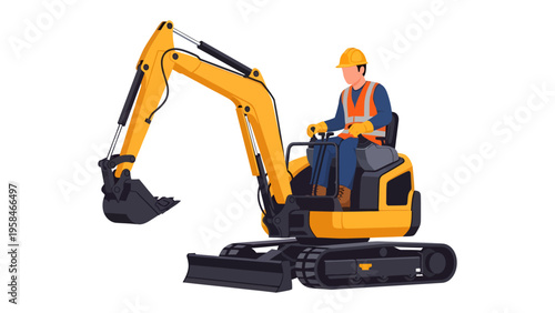 Construction Operator at Work: A diligent construction operator skillfully navigates a vibrant yellow excavator, showcasing precision and control in their construction job.