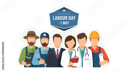 Labor Day Unity: A diverse group of workers, representing different professions, stand together in solidarity under the banner of Labor Day.