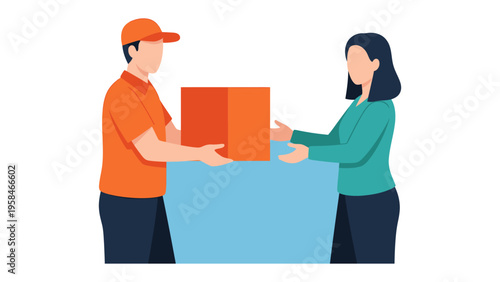 Package Delivery: A courier in an orange uniform hands a package to a woman, symbolizing efficient delivery and customer service.