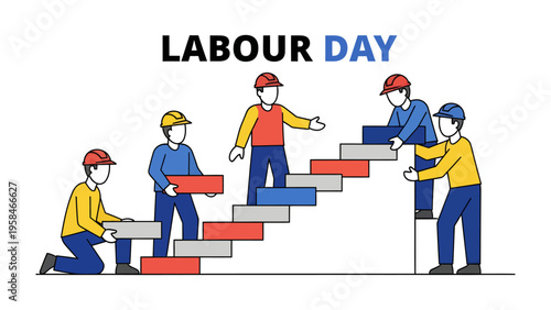 Labor Day Construction: A graphic representation of Labor Day, featuring a team of construction workers diligently building steps, symbolizing progress, effort, and the spirit of the holiday.