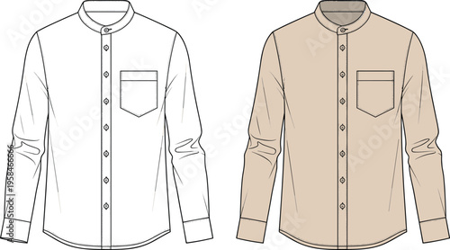 Men's Mandarin Collar Long Sleeve Shirt Vector Illustration with Chest Pocket Flat Sketch Technical Drawing in White and Beige Color