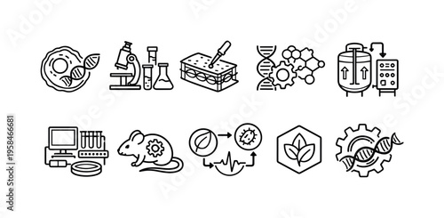 Collection of scientific research and biotechnology icons representing innovation and discovery