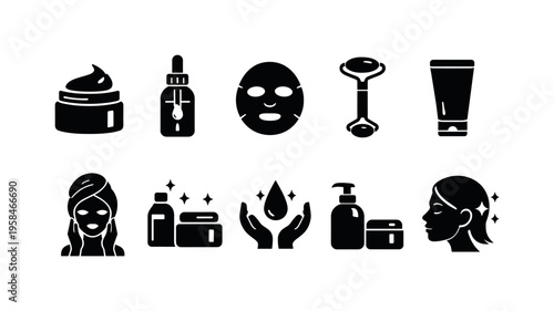 Collection of simple black icons representing skincare and beauty products and routines
