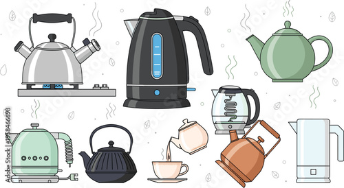 Modern and Vintage Electric Kettle Vector Collection with Stovetop Tea Pots, Glass Water Boilers, and Kitchen Appliance Icons for Home Decor and Cafe Branding Designs
