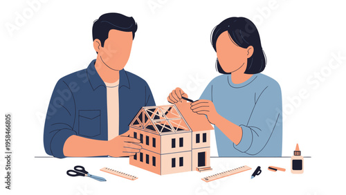 Crafting Dreams: A pair of individuals collaborate on a miniature house, expressing creativity and the joy of constructing something together.