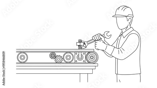 Line Art Conveyor Belt Technician: An outline illustration of a technician meticulously adjusts a wrench, focusing on the machinery. A testament to technical skill and operational precision.