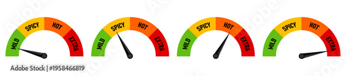 Spicy level labels. Chili spicy meter. Red spicy chili peppers. Spicy and hot. Vector illustration