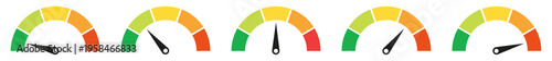 Various speedometers and gauges with color indicators on white background