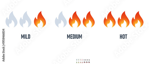 Spicy level labels. Chili spicy meter. Red spicy chili peppers. Spicy and hot. Vector illustration