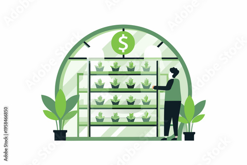 A person tending to plants inside a greenhouse with a dollar sign above