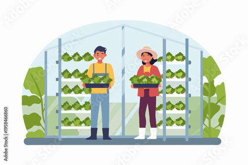 Two farmers tending to leafy greens inside a glass greenhouse structure