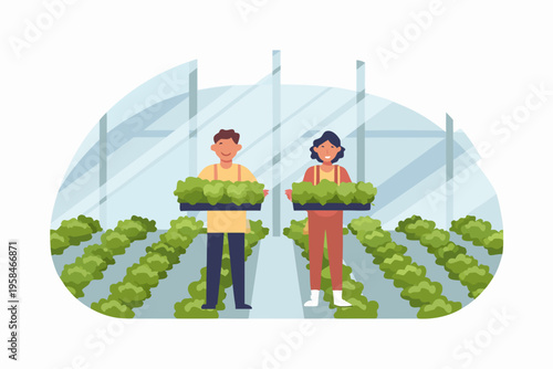 Two people carrying trays of seedlings inside a modern greenhouse