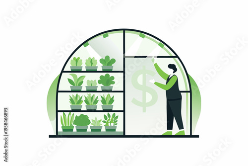 A person tending to plants inside a greenhouse with a dollar sign
