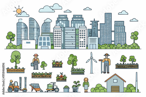 A colorful illustration depicting a sustainable city and rural farming life