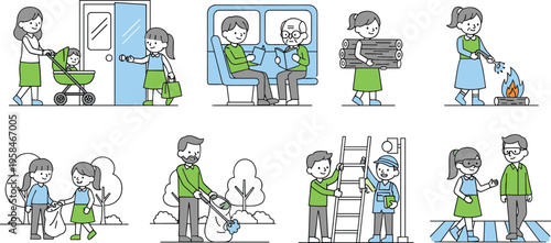 Children Character Set Showing School Manners with Raising Hand to Speak, Recycling Trash, Sharing Toys, and Group Learning for Educational Classroom and Kindergarten Designs