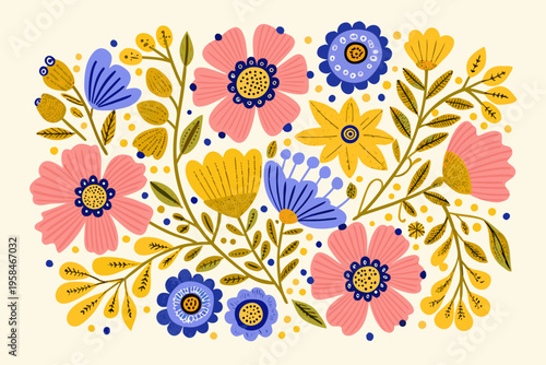 A colorful and whimsical floral arrangement with stylized blooms and leaves