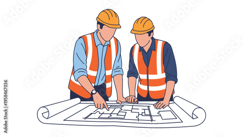 Architects at Work: Two architects, clad in protective gear, huddle over a detailed blueprint, engrossed in the intricacies of the project.