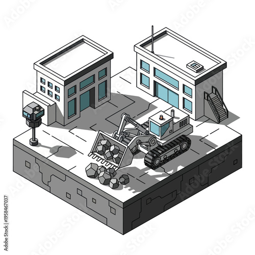 Isometric Illustration of Industrial Buildings and Machinery.