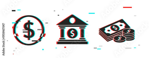 Currency symbols and bank icon in glitchy 3d style