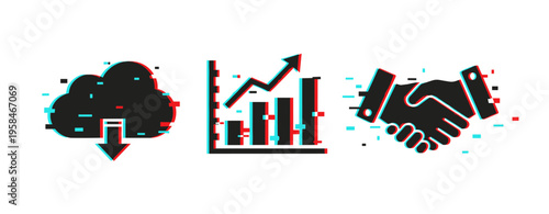 Glitch effect: cloud download, growth chart, handshake icons