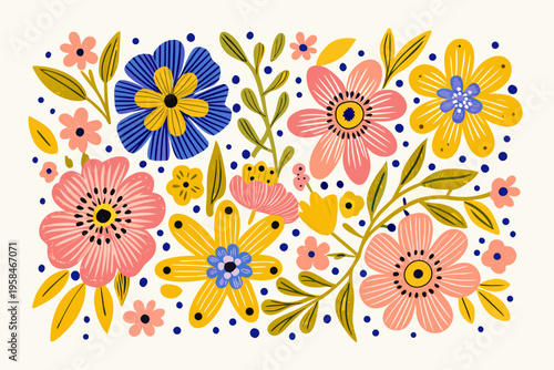 A vibrant floral arrangement featuring stylized blooms in pink yellow and blue