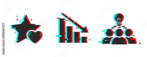 Glitch effect symbols: star heart, declining graph, idea group