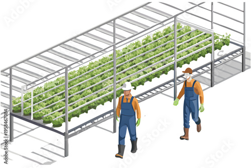 Isometric illustration of a vertical farm with two workers tending plants