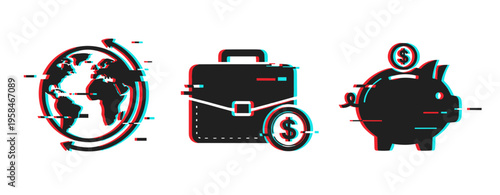 Glitch effect icons: globe briefcase piggy bank finance symbols