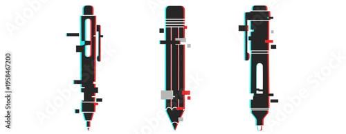 Digital glitch art of pens and pencils in 3d anaglyph style