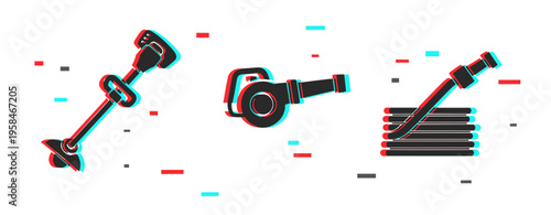 Stylized garden tools: trimmer, headphones, and hose with modern glitch effects
