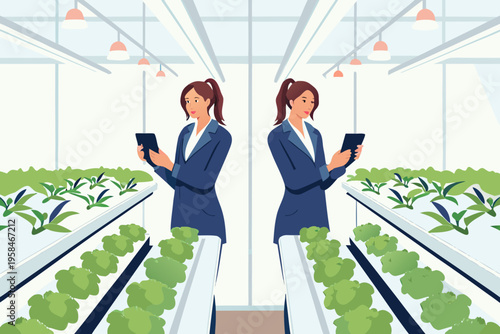 Two businesswomen inspecting hydroponic lettuce growth with digital tablets