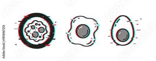 Glitch art of fried egg, doughnut, and whole egg with digital effects