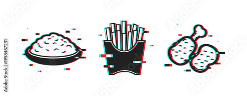 Glitch art of rice, french fries, and fried chicken icons