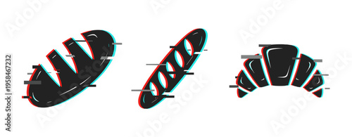 Abstract glitch art of bread: loaf, baguette, croissant with 3d effect