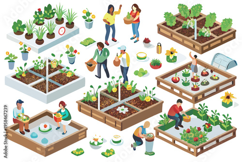 Isometric illustration of people gardening in various raised garden beds
