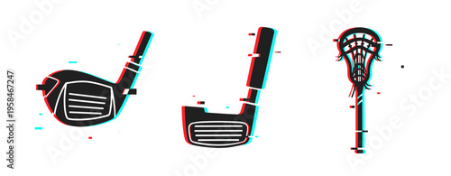 Glitch art of golf and lacrosse equipment in cyan and red