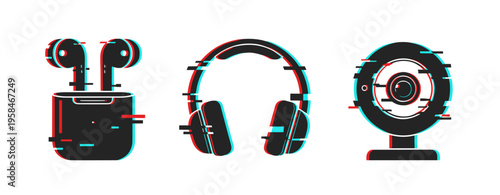 Glitch art of earbuds headphones and webcam with distorted effects