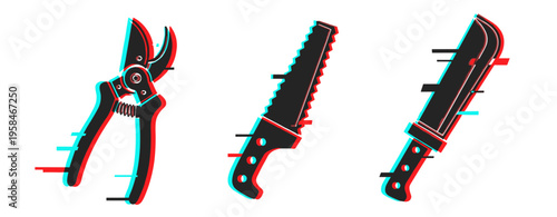 Glitch art: garden shears, saw, and machete icons in red and blue