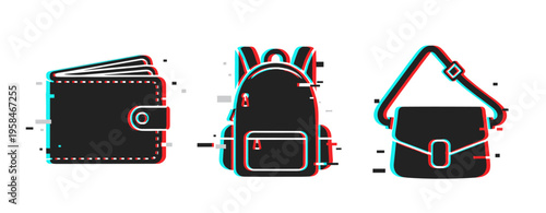 Digital glitch art of wallet, backpack, and handbag in 3d effect