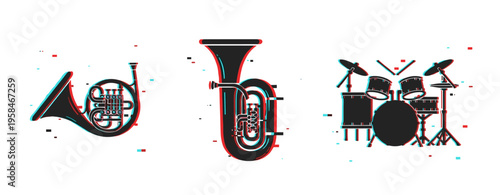 Stylized musical instruments: french horn, tuba, drum set in digital glitch art