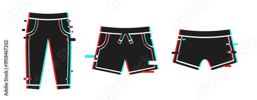 Stylized glitch effect on pants, shorts, and boxers in black and white