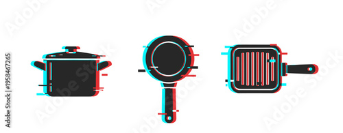 Trendy glitch art style of cooking pots and pans in red and blue