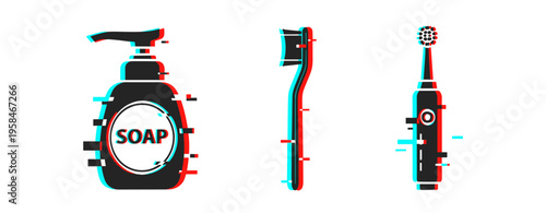 Glitch art hygiene items: soap dispenser, manual and electric toothbrushes