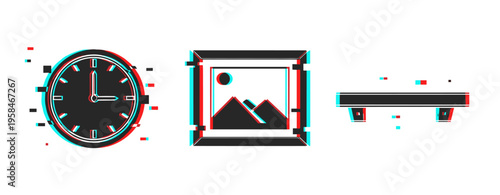 Glitch art: clock, landscape painting, and shelf in distorted digital effect
