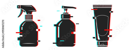 Stylized outline of spray, pump, and tube bottles with glitch effect