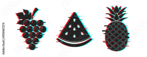 3d anaglyph art of grapes, watermelon slice, and pineapple on white background