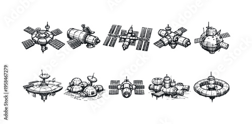 Collection of hand-drawn space stations and futuristic orbital structures