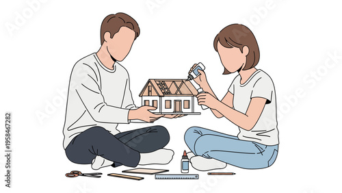 Crafting Dreams Together: A couple, immersed in the joy of creating, works on a miniature house model, symbolizing dreams, teamwork, and shared creativity.