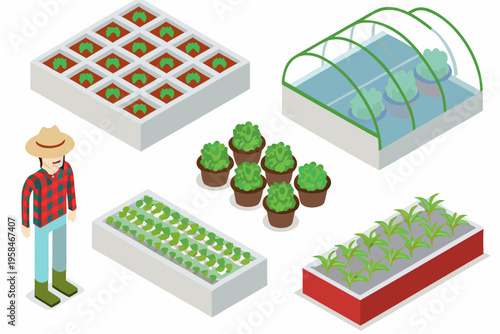Isometric illustration of urban farming and a farmer tending plants